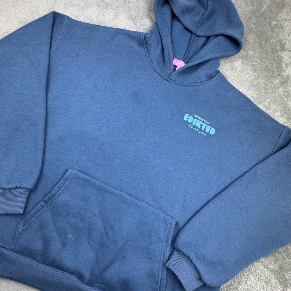 Edikted Lounge Edit Hoodie Womens L Blue Excellent Oversized Graphic Pullover